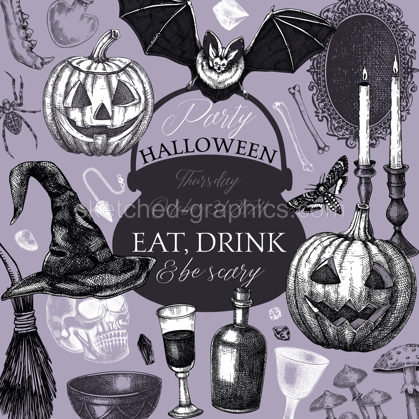 Vintage Halloween frame design. Hand-drawn vector illustration. Skull, bones, pumpkin, poisons, cauldron sketch. Witch party invitation, poster, card. Not AI generated Illustration